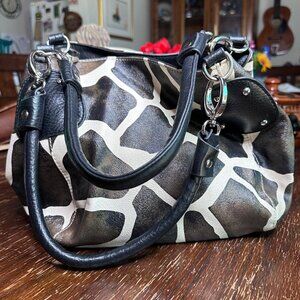 Giraffe Print Handbag With Black Handles & Silver Hardware